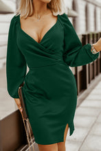Load image into Gallery viewer, Wrapped Bodice Bubble Sleeve Bodycon Mini Dress with Slit

