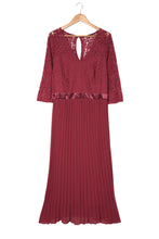 Load image into Gallery viewer, Lace Scalloped V Neck 3/4 Sleeves Pleated Tulle Plus Maxi Dress
