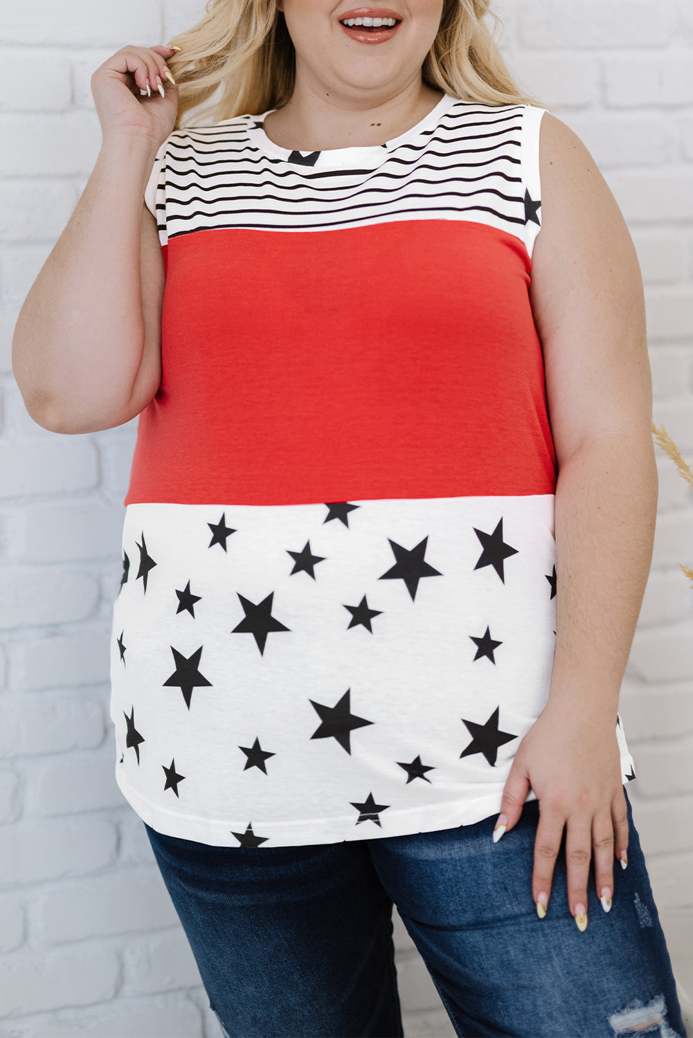 Patriotic Stripes Stars Print Sleeveless Plus Size Top
