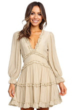 Load image into Gallery viewer, Beige V Neck Ruffle Detailing Open Back Dress
