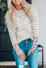 Load image into Gallery viewer, Waffle Knit Colorblock Buttoned Cuff Long Sleeve Blouse
