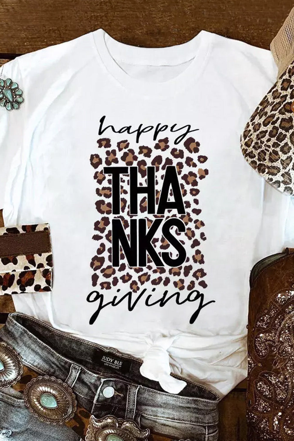 Happy THANKS Giving Leopard Print Graphic T Shirt