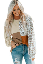 Load image into Gallery viewer, Khaki Leopard Patchwork Color Block Ribbed Long Sleeve Top
