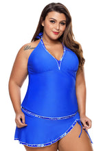 Load image into Gallery viewer, Contrast Trim Royal Blue Halter Tankini Skort Swimsuit
