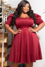 Load image into Gallery viewer, Plus Size Ruched Puff Sleeves Fit Flare Midi Dress

