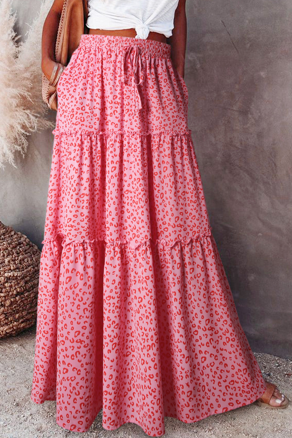 Leopard Print Frilled Drawstring High Waist Maxi Skirt