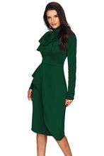 Load image into Gallery viewer, Jade Green Asymmetric Peplum Style Pussy Bow Dress
