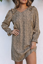 Load image into Gallery viewer, Khaki Leopard Frill Trim V Neck Dress
