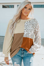 Load image into Gallery viewer, Khaki Leopard Patchwork Color Block Ribbed Long Sleeve Top
