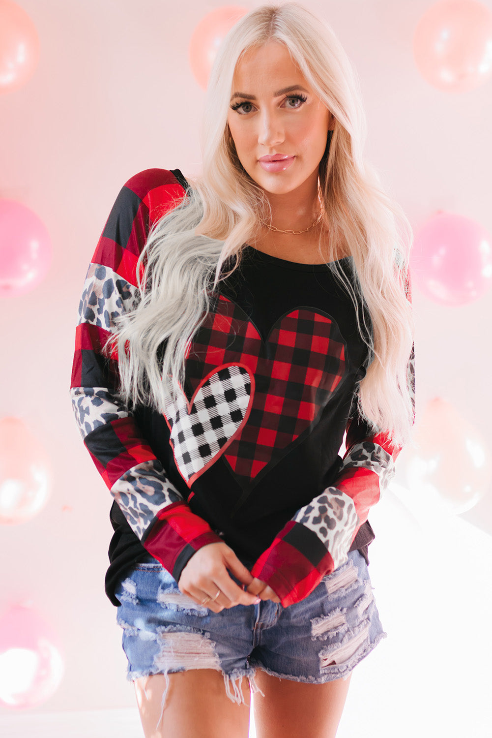 Valentines Heart Print Plaid Leopard Joint Sleeve Blouse