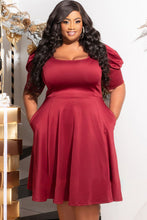 Load image into Gallery viewer, Plus Size Ruched Puff Sleeves Fit Flare Midi Dress
