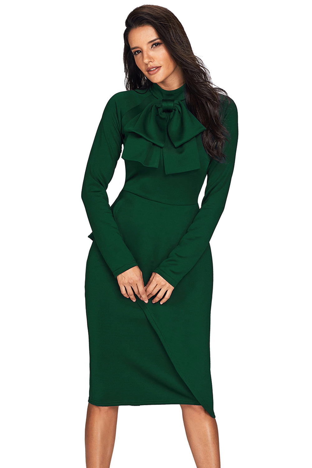 Jade Green Asymmetric Peplum Style Pussy Bow Dress – Azura