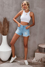 Load image into Gallery viewer, Light Blue Frayed Hem Denim Shorts
