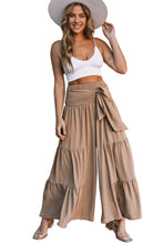 Load image into Gallery viewer, Khaki Lace up Smocked Waist Tiered Wide Leg Pants
