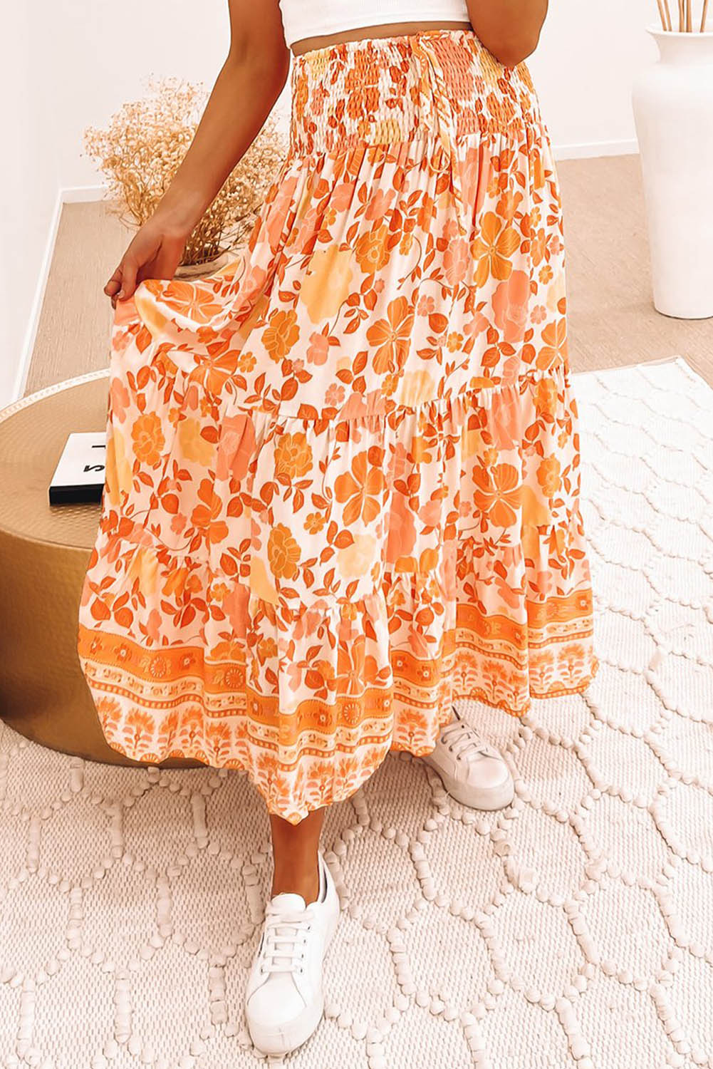 Floral Print Smocked High Waist A-line Maxi Skirt