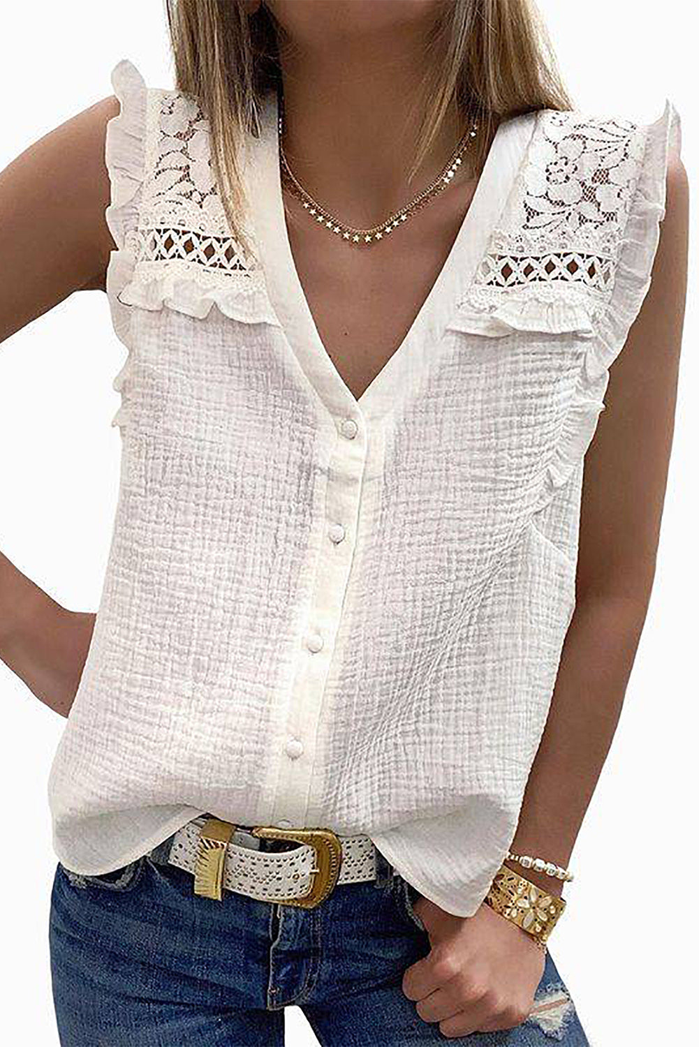 Floral Lace Crochet Textured Sleeveless Shirt