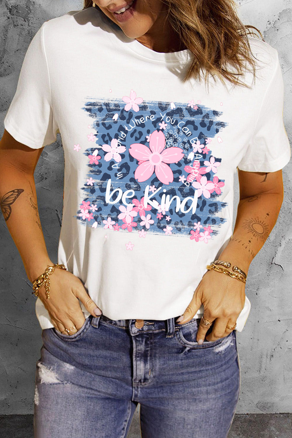 Be Kind Cherry Blossoms Leopard Print Short Sleeve T Shirt