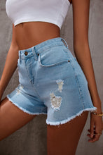 Load image into Gallery viewer, Light Blue Frayed Hem Denim Shorts
