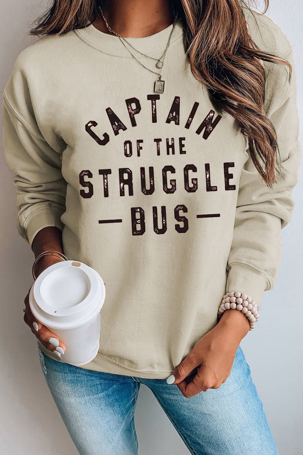 Khaki CAPTAIN Of THE STRUGGLE BUS Graphic Sweatshirt