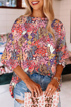 Load image into Gallery viewer, Multicolor Floral Print Shirred 3/4 Sleeve Tunic Blouse
