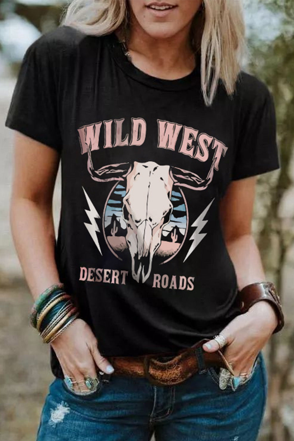 Wild West Desert Roads Bull Skull Graphic Tee