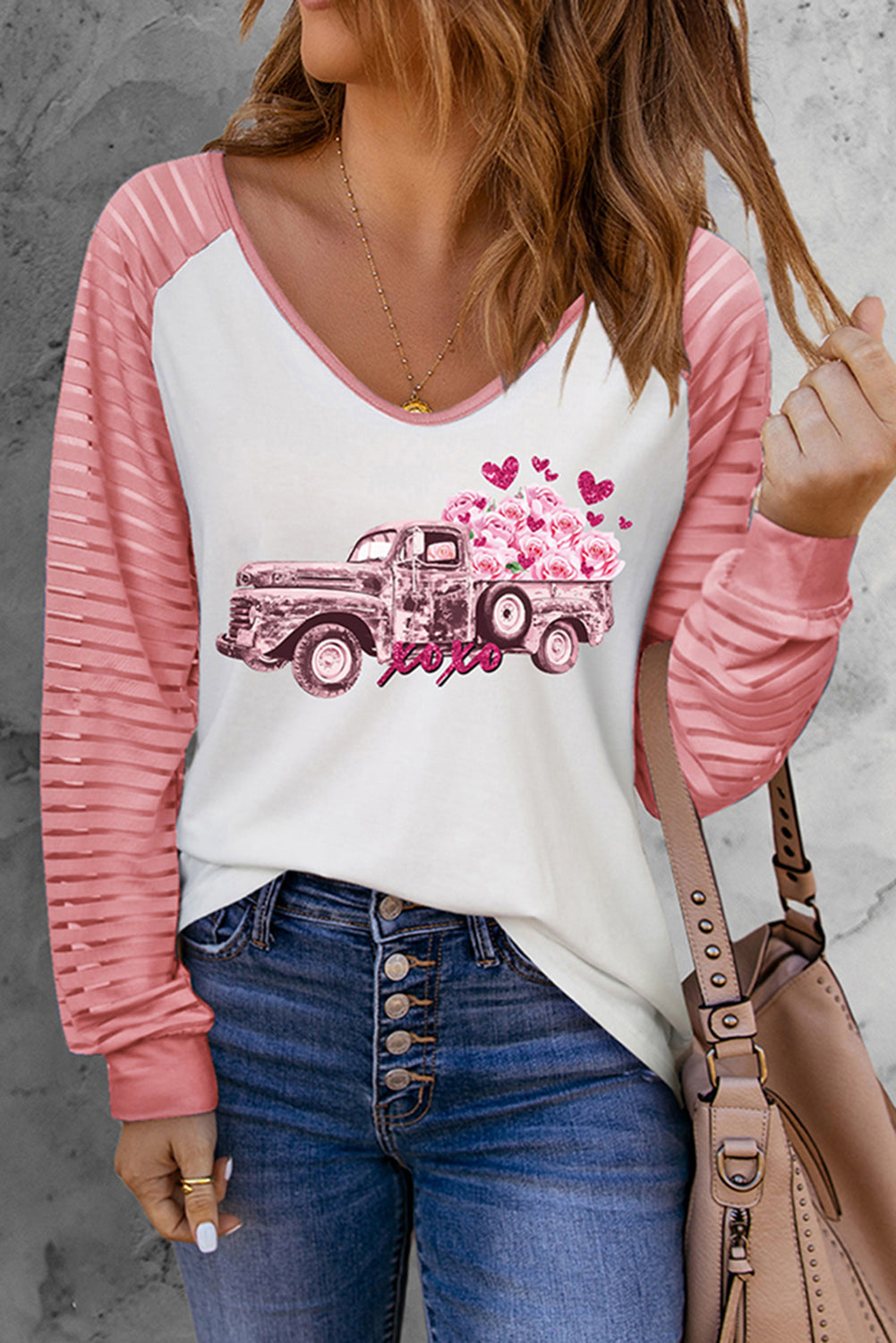 Valentine Colorblock Car & Heart Graphic Long Sleeve Top