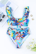 Load image into Gallery viewer, Tropical Print Ruffled Square Neck Tie High Waist Swimsuit
