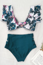 Load image into Gallery viewer, Palm Leaf Print Front Tie High Waist Bikini Swimsuit with Ruffles
