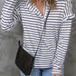 White Striped Print Ruffled Buttoned Long Sleeve Top