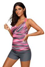 Load image into Gallery viewer, Khaki Fuzzy Stripes Strappy Back Tankini Top
