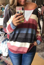 Load image into Gallery viewer, Multicolor Striped Mesh Splicing Round Neck Long Sleeve Top

