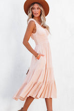 Load image into Gallery viewer, Smocked Ruched Sleeveless High Waist Midi Dress
