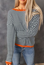 Load image into Gallery viewer, Contrast Trimmed Striped Drop Shoulder Sweater

