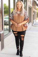 Load image into Gallery viewer, Khaki Waffle Knit Animal Print Ruffle Sleeves Plus Size Top
