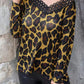 Brown Lace Splicing Hollow Out Leopard Blouse