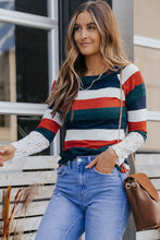 Load image into Gallery viewer, Green Striped Lace Splicing Long Sleeve Top
