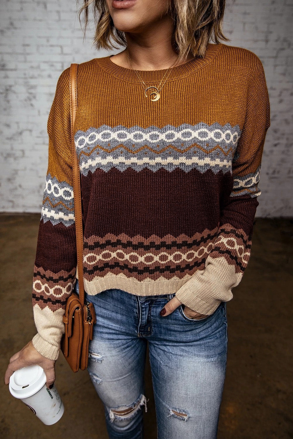 Printed Crew Neck Knit Sweater