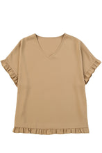 Load image into Gallery viewer, Khaki Ruffle Trim Short Sleeve Oversize Blouse
