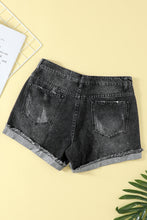 Load image into Gallery viewer, Distressed Ripped Rolled Hem Black Denim Shorts
