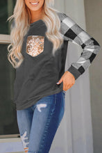 Load image into Gallery viewer, Plaid Splicing Sequined Pocket Long Sleeve Top
