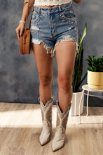 Load image into Gallery viewer, Tassel Rhinestones Distressed Denim Shorts
