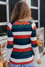 Load image into Gallery viewer, Green Striped Lace Splicing Long Sleeve Top
