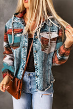 Load image into Gallery viewer, Multicolor Aztec Print Frayed Hem Denim Jacket
