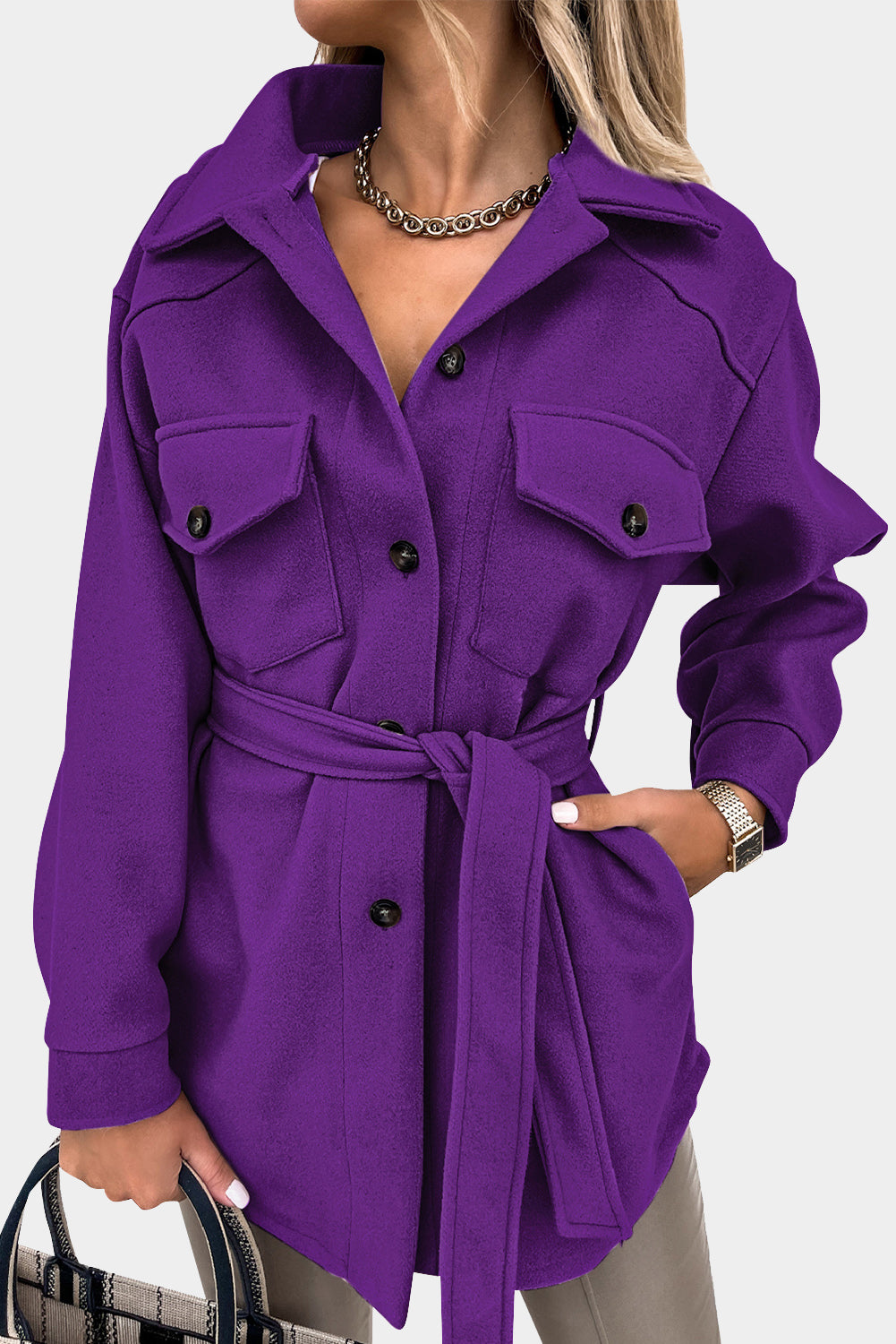 Lapel Button-Down Coat with Chest Pockets