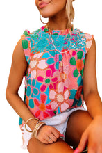 Load image into Gallery viewer, Embroidered Detail Floral Print Ruffle Trim Tank Top
