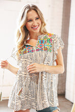 Load image into Gallery viewer, Beige Geometric Embroidered Spotted Print Tassel V Neck Blouse
