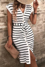 Load image into Gallery viewer, Striped Button Slit Tie V-Neck Midi Dress
