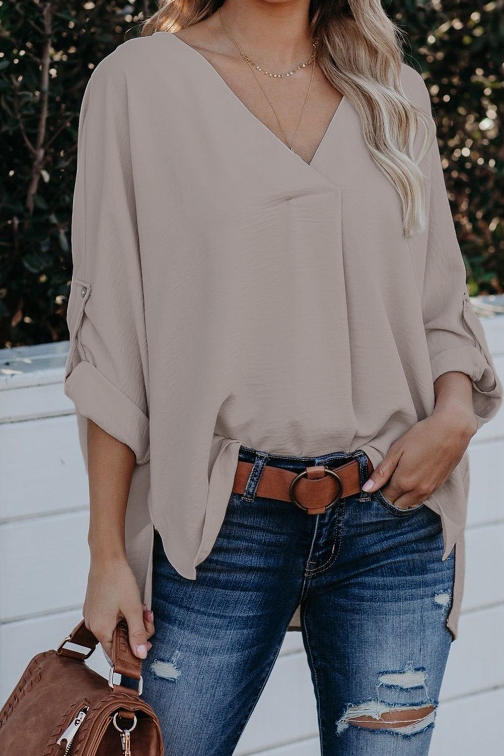 V Neck 3/4 Sleeve High Low Hem Shirt