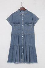 Load image into Gallery viewer, Buttoned Frayed Pocket Short Sleeve Denim Dress
