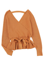 Load image into Gallery viewer, Rib Knit Surplice Neck Belted Peplum Sweater
